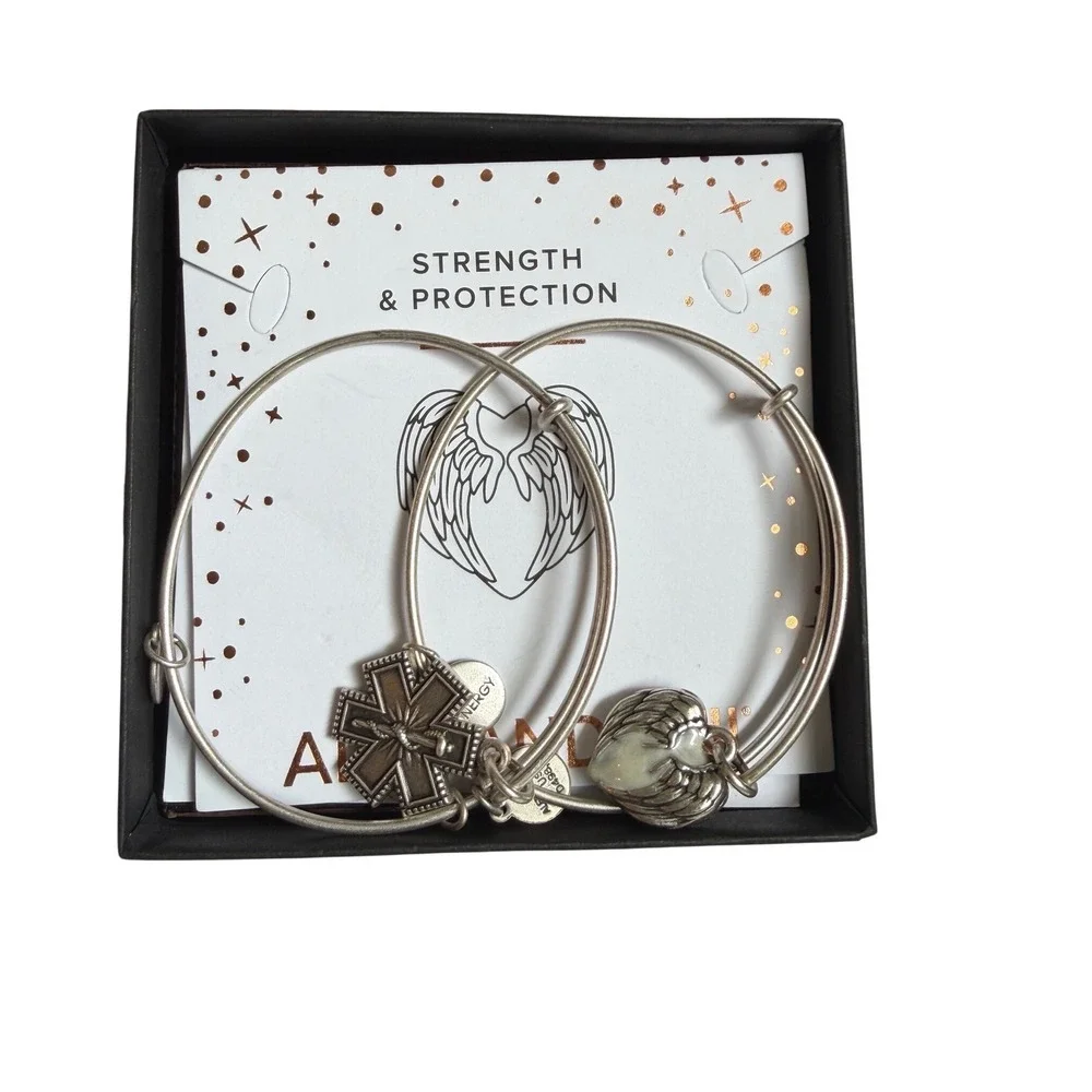 2 bangles Alex and Ani Strength & Protection Medical Cross Angel Wing Silver